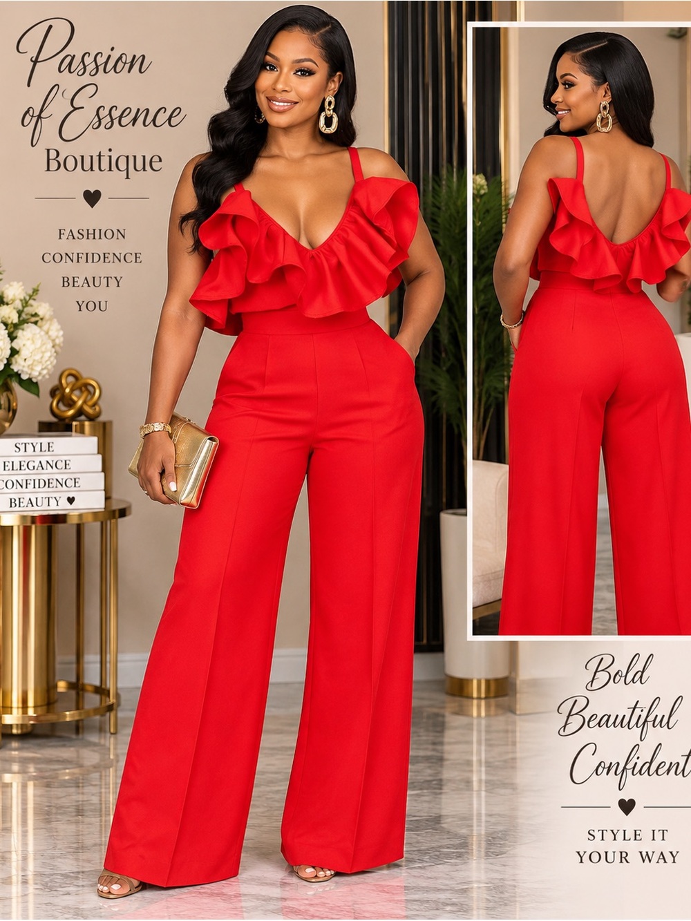 Red Ruffle V-Neck High Waist Wide Leg Jumpsuit Size 2X